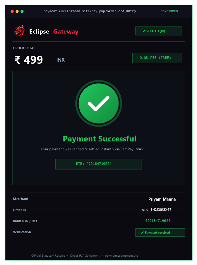 Eclipse Gateway payment confirmed
